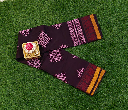 Dark Plum Sungudi Cotton Saree with Pink Kolam Motifs & Maroon Zari Border