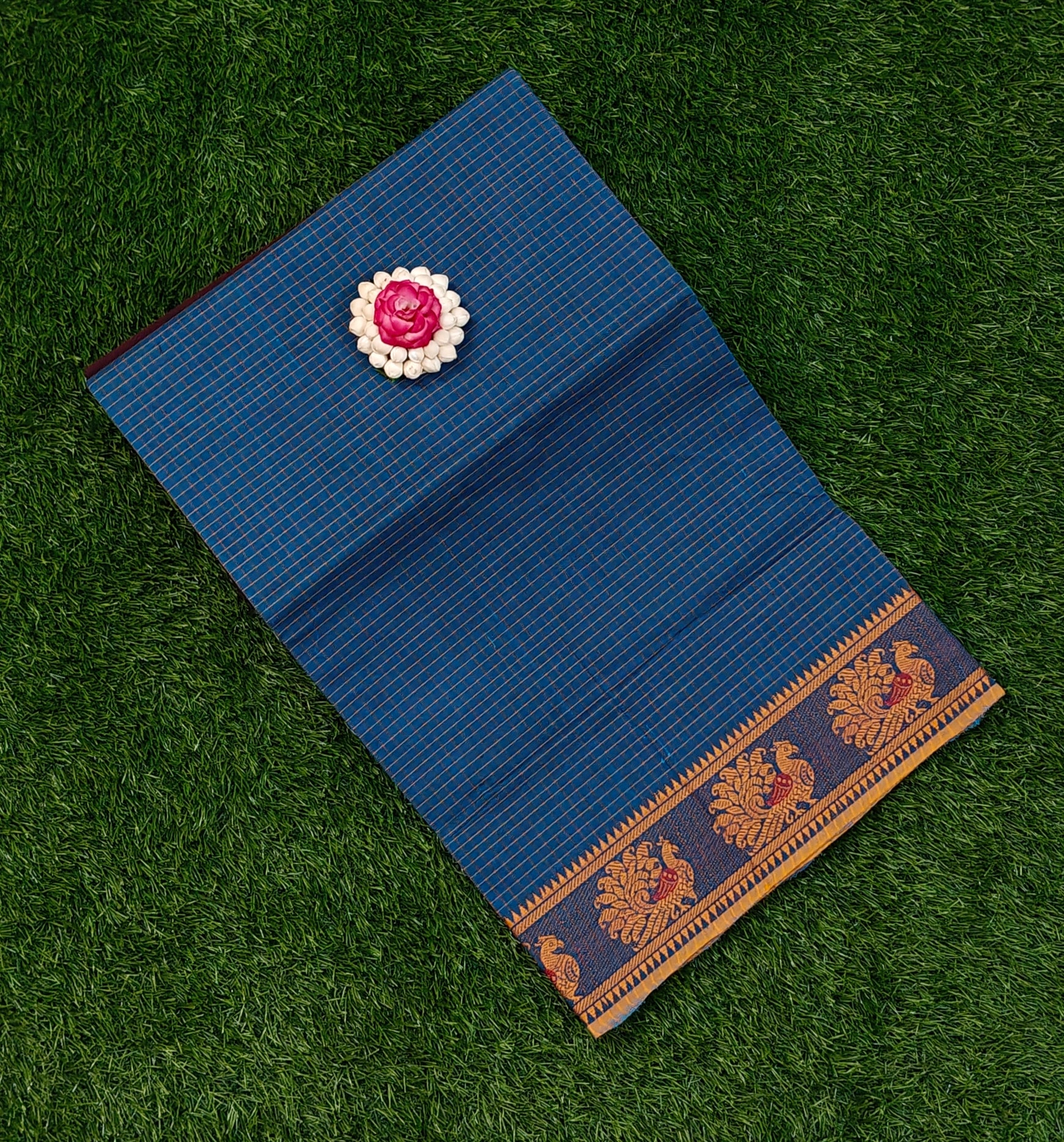 Deep Blue Chettinad Cotton Saree with Classic Temple Border