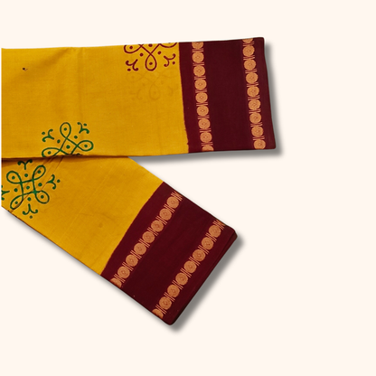 Mustard Yellow Cotton Saree with Maroon Border – Running Blouse
