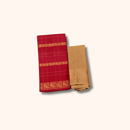 Tomato Red Cotton Saree with Gold Zari Checks & Peacock Border – Separate Blouse