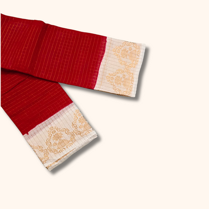 Red & Off-White Checked Sungudi Cotton Saree with Floral Zari Border