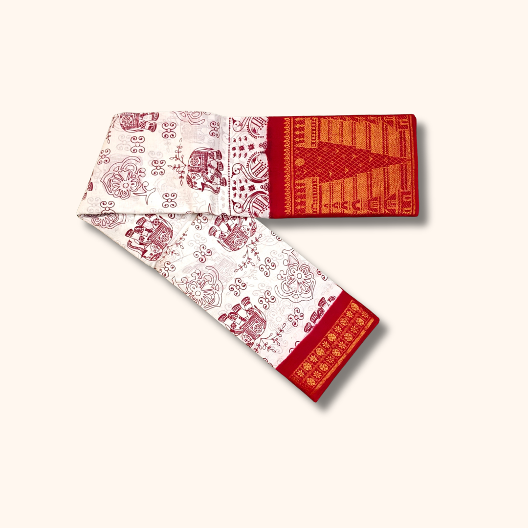 Off White Elephant & Floral Print Cotton Saree with Red Temple Border