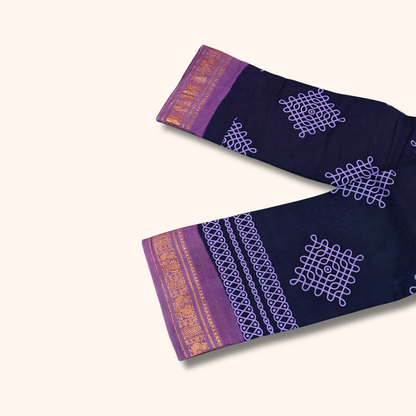 Navy Blue Kolam Sungudi Cotton Saree with Lavender Border