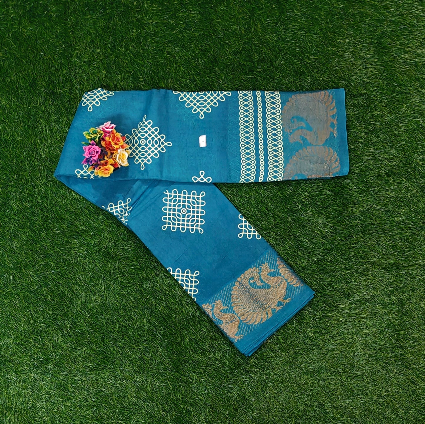 Beautiful Teal Blue Kolam Sungudi Cotton Saree with Peacock Zari Border