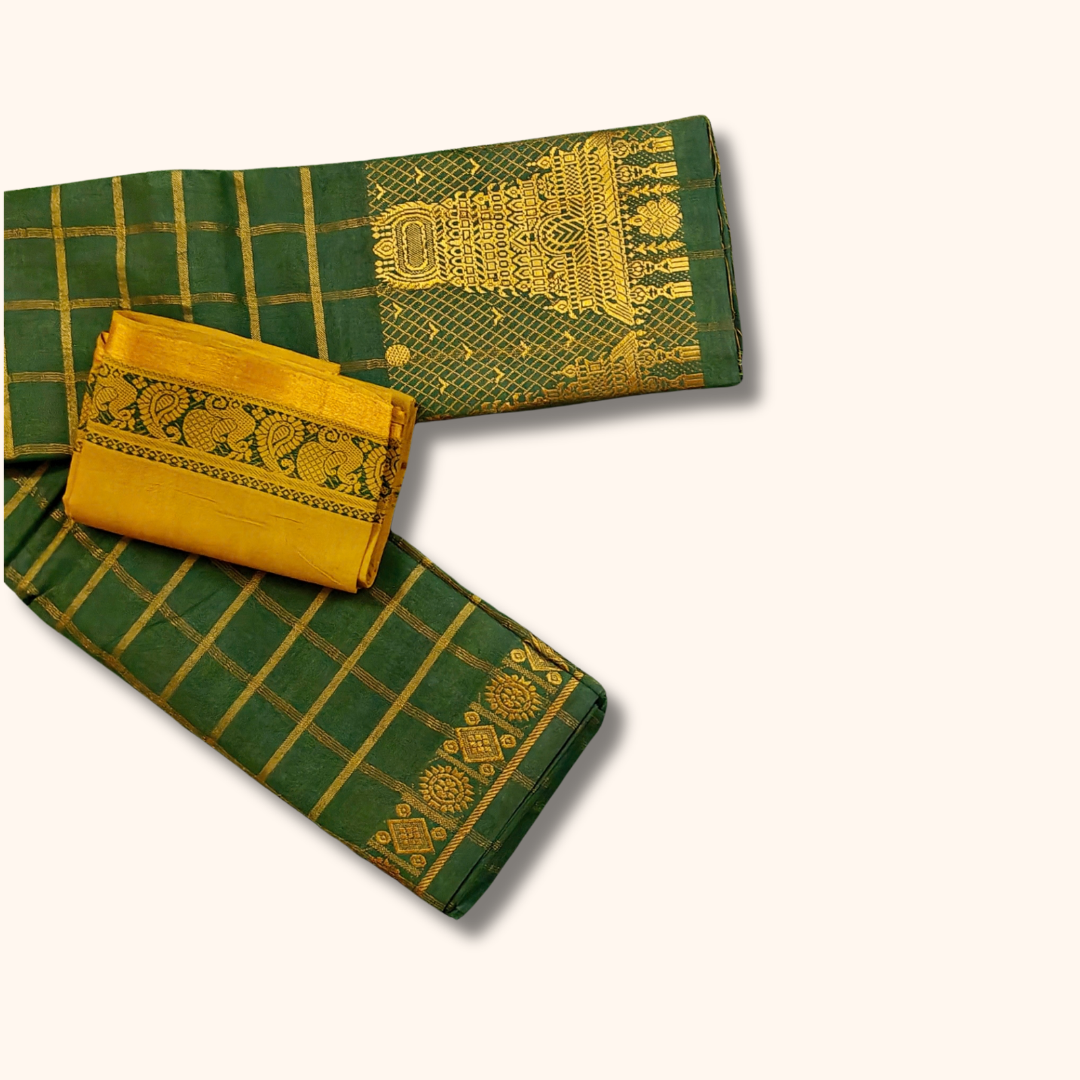 Dark Green Sungudi Cotton Saree with Gold Zari Checks & Designer Pallu – Separate Blouse Piece