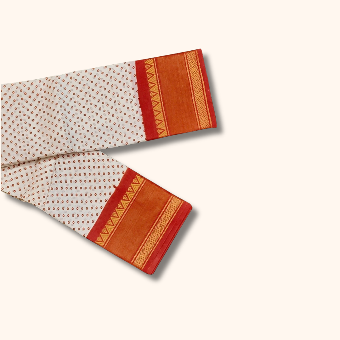 Off-White Cotton Saree with Tiny Floral Print & Orange Gold Zari Border – No Blouse
