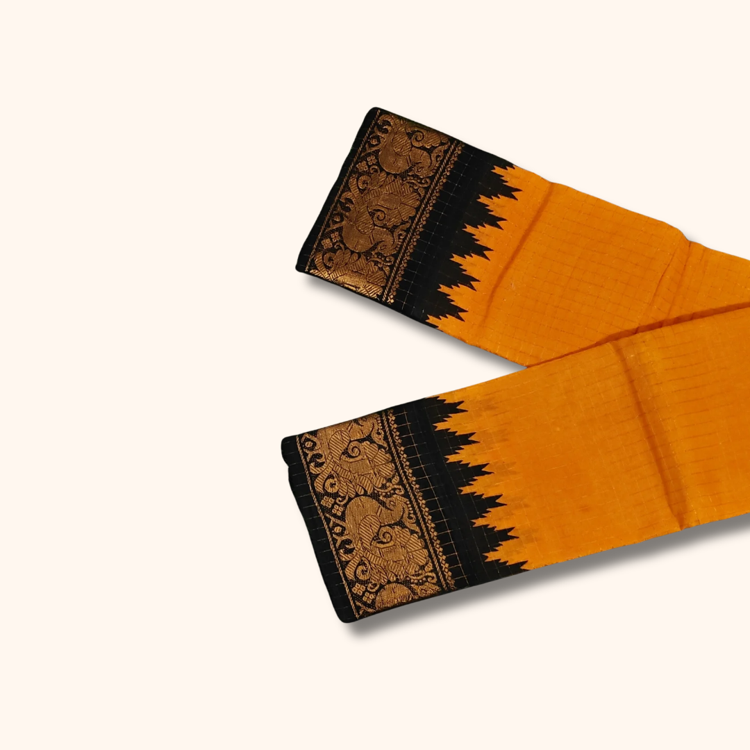 Checked Sungudi Cotton Saree – Mustard Yellow with Black Peacock Zari Border | Running Blouse