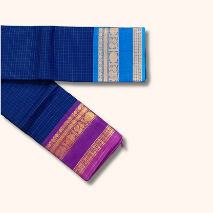 Navy Blue Chettinad Cotton Saree with Ganga Jamuna Border