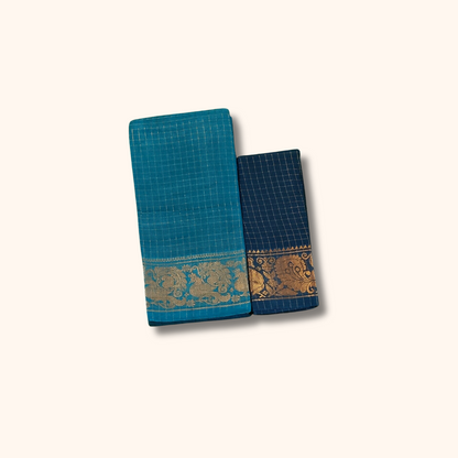 Peacock Blue Pure Sungudi Cotton Saree with Golden Zari Checks & Zari Border