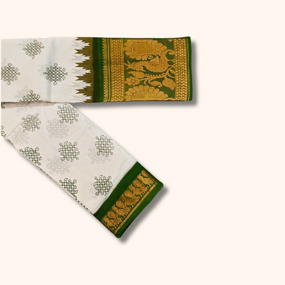 White & Green Peacock Floral Border Kolam Sungudi Cotton Saree