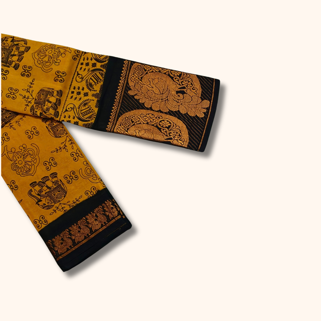 Mustard Yellow Pure Sungudi Cotton Saree with Black Traditional Printed Border – No Blouse