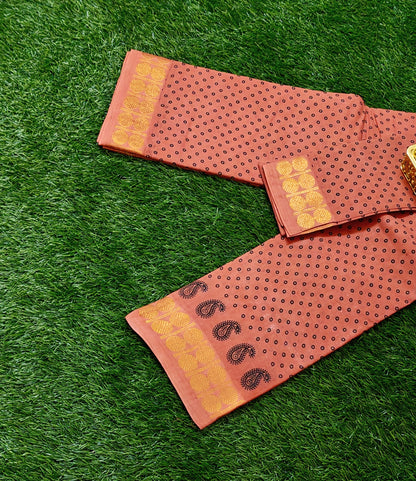 Rust Orange Sungudi Cotton Saree with Dotted Pattern & Paisley Zari Border