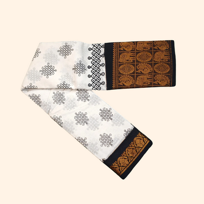 White Kolam Cotton Saree with Black Temple Border & Traditional Elephant Motifs