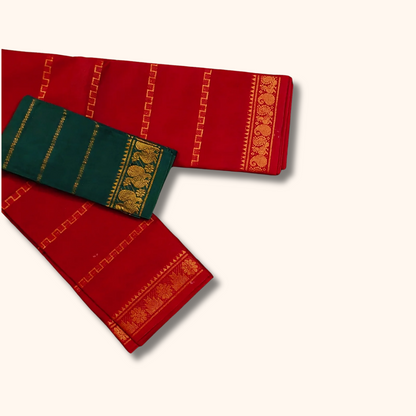 Red Sungudi Cotton Saree with Gold Zari Border & Peacock Green Separate Blouse