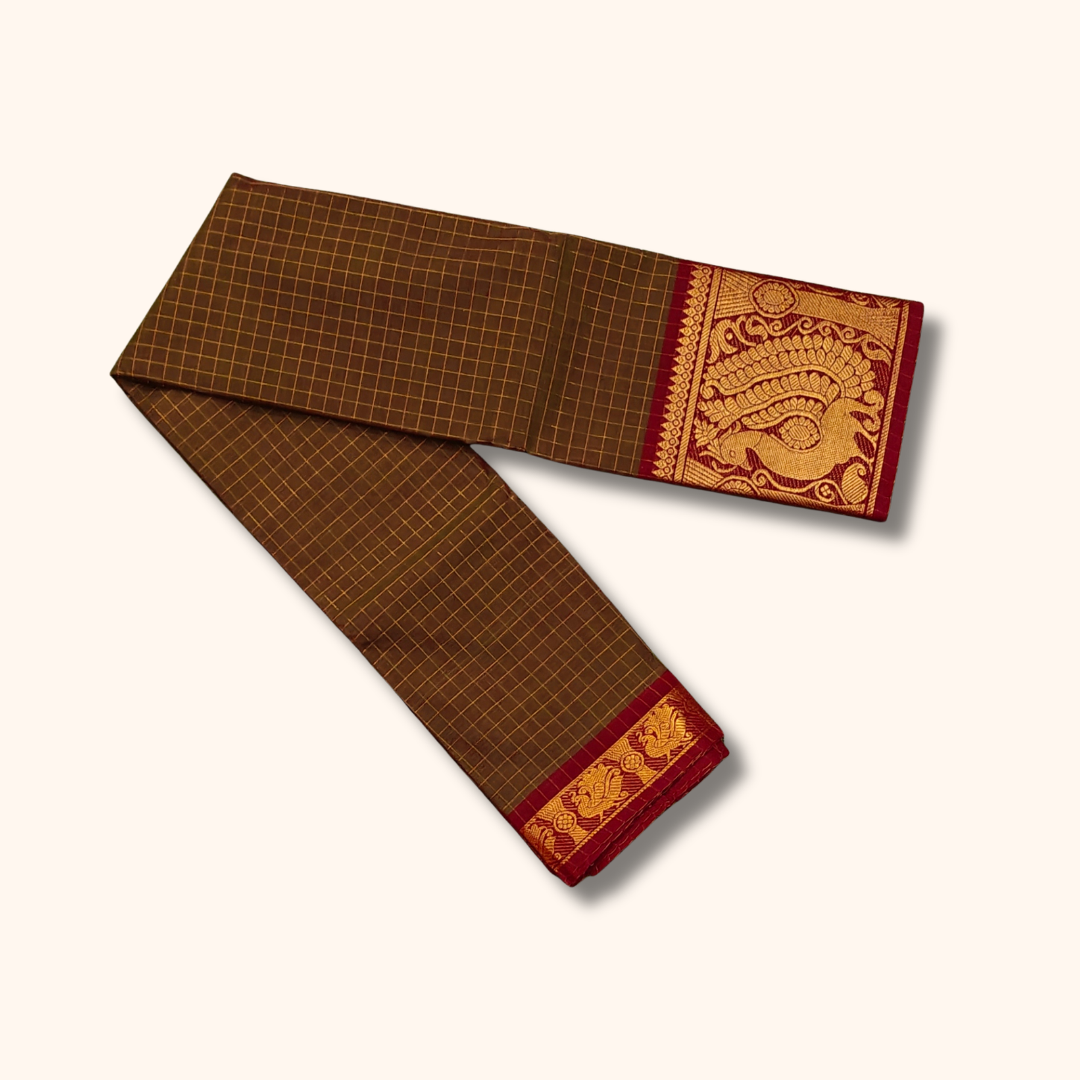 Brown Chettinad Cotton Saree with Peacock Border