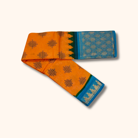 Orange Kolam Print Cotton Saree with Sky Blue Zari Border