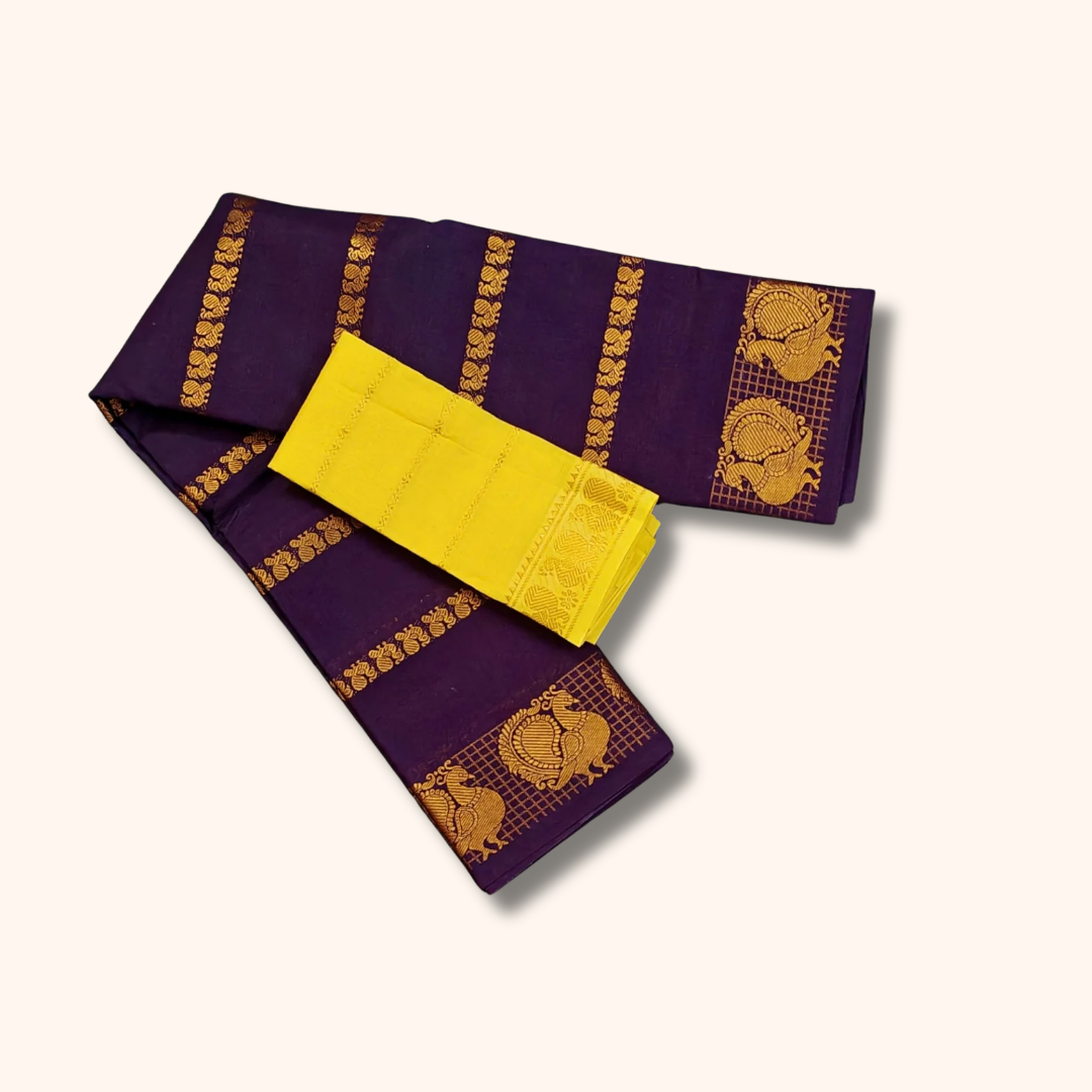 Deep Purple Cotton Saree with Golden Peacock Border & Yellow Blouse