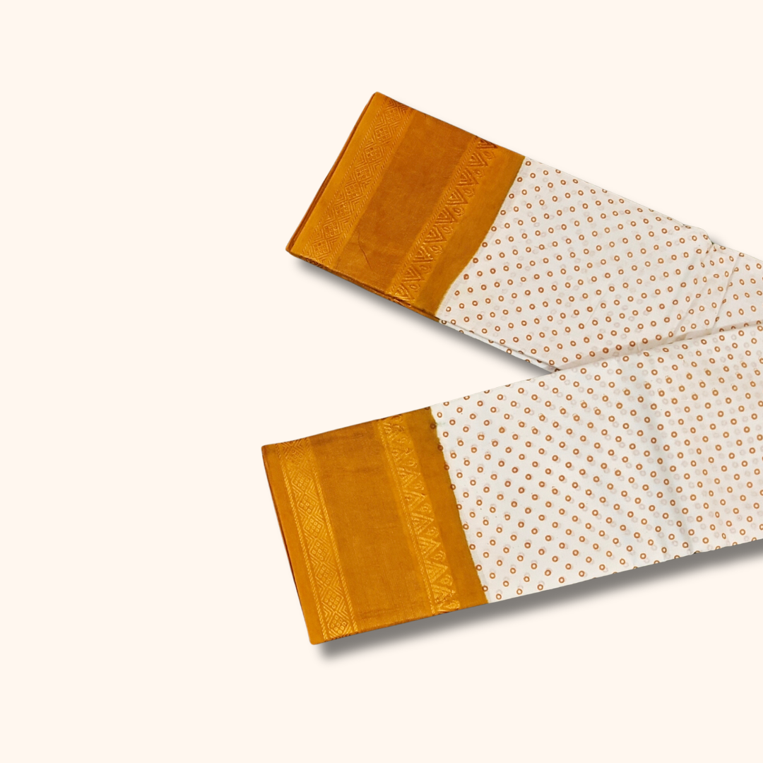 Off-White & Mustard Yellow Sungudi Cotton Saree with Tiny Dot Pattern & Zari Border