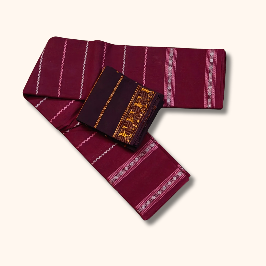 Wine Sungudi Cotton Saree with Silver Zari Border & Coffee Brown Separate Blouse