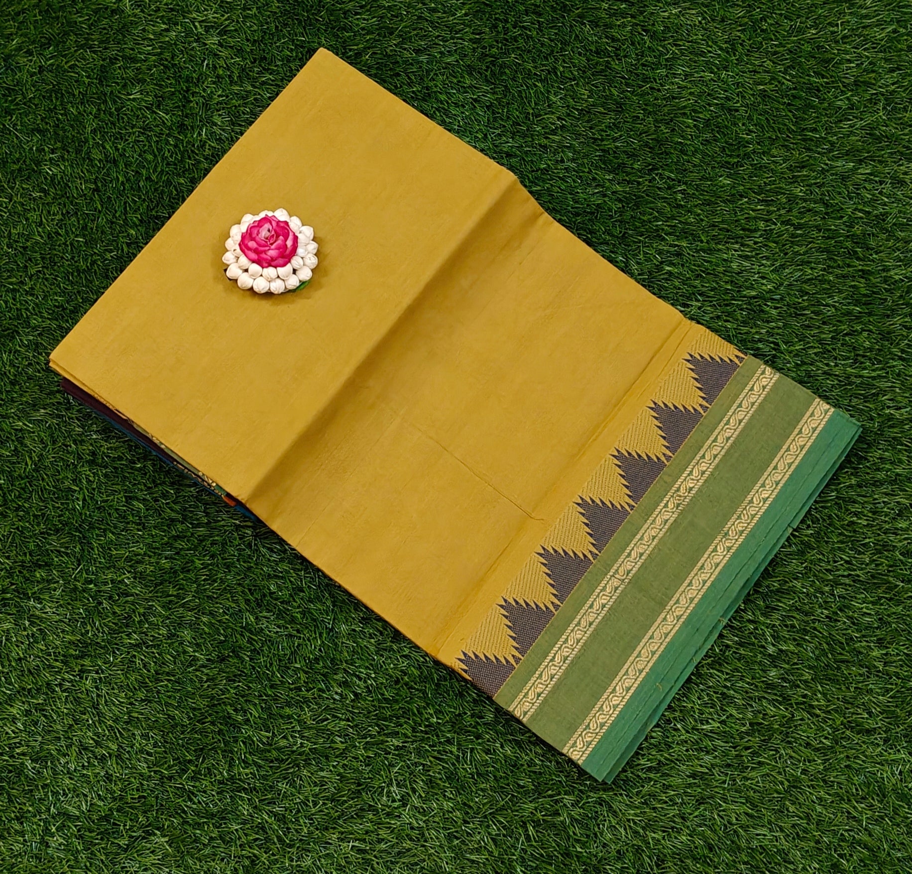 Mustard Yellow Chettinad Cotton Saree with Green Temple Border