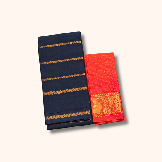 Navy Blue Sungudi Cotton Saree with Gold Stripes & Contrast Red Blouse Piece