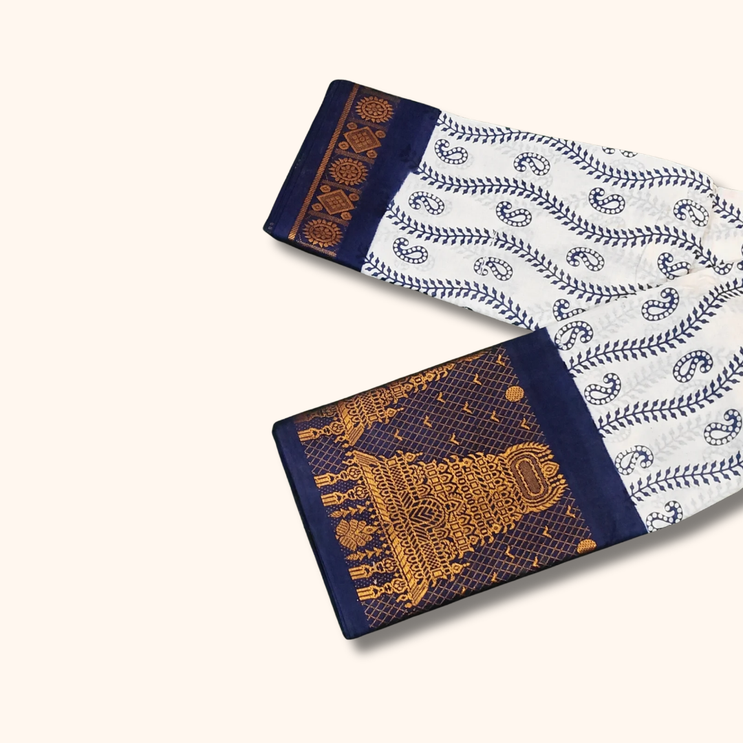 White Paisley Cotton Saree with Navy Blue Temple Zari Border