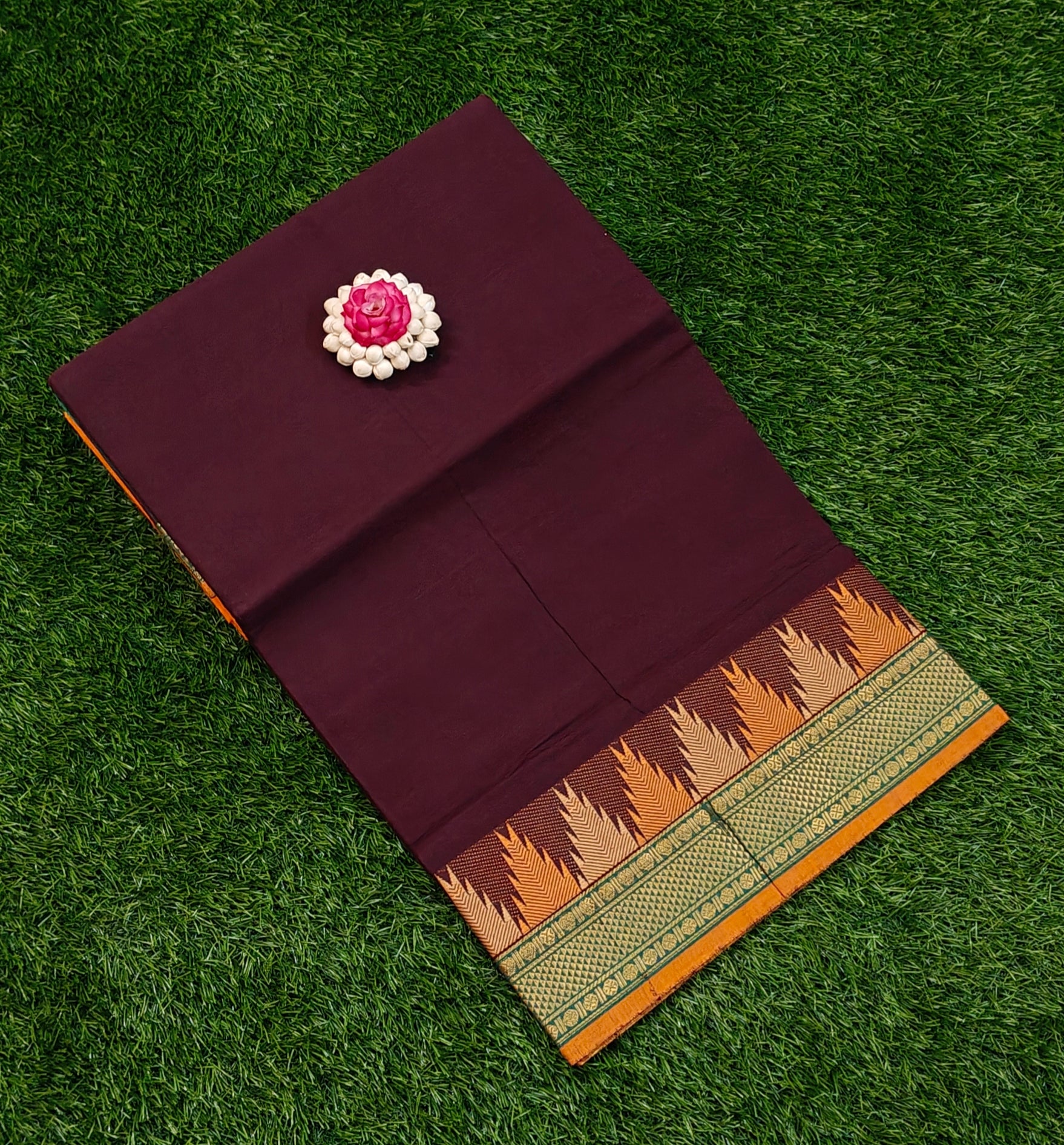 Wine Maroon Chettinad Cotton Saree with Traditional Temple Border