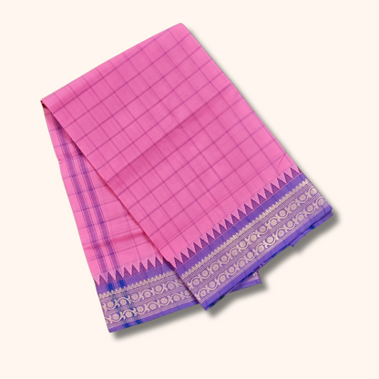 Pink Checked Cotton Saree with Lavender Traditional Border