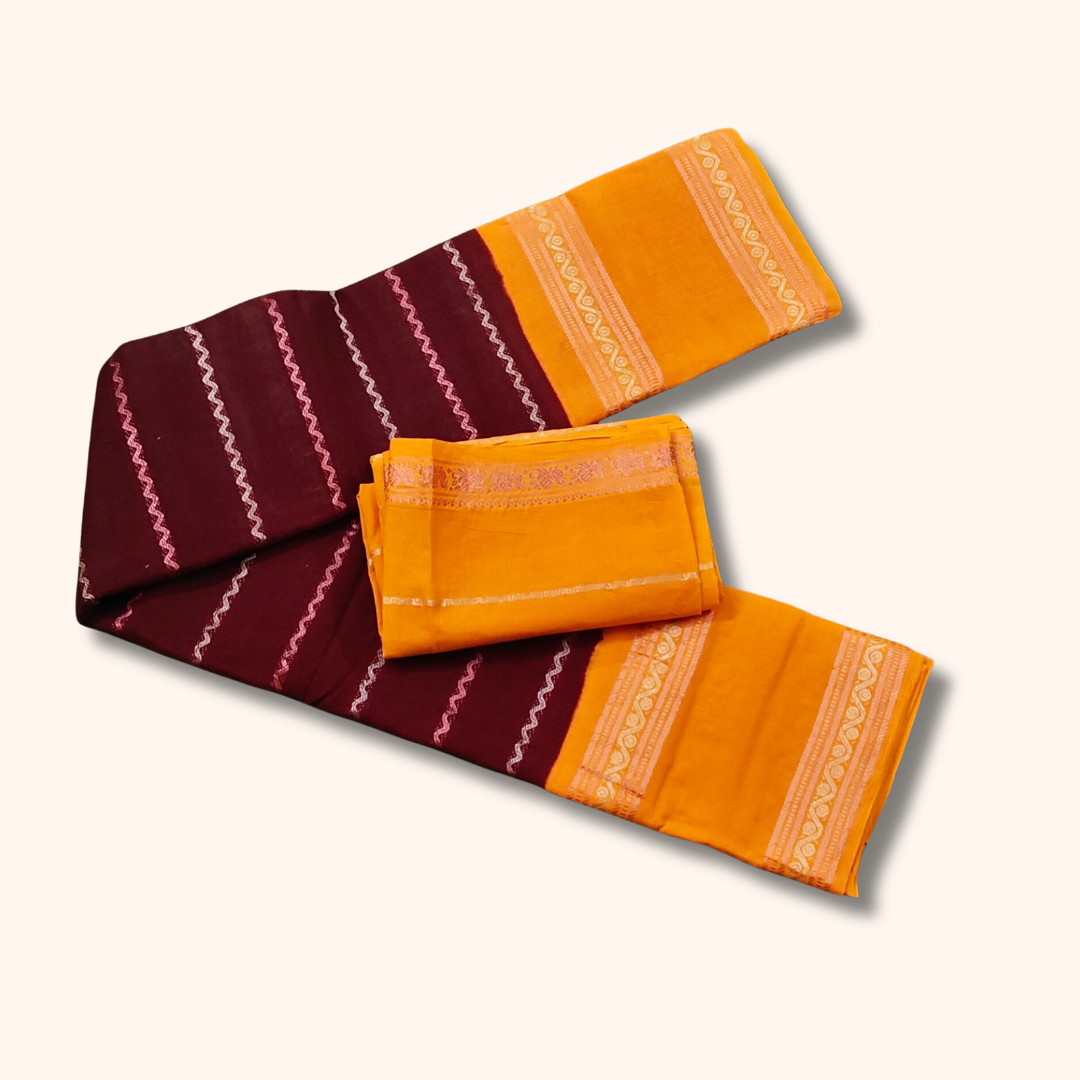 Maroon Cotton Sungudi Saree with Mustard Yellow Contrast Blouse – Traditional Cotton Saree