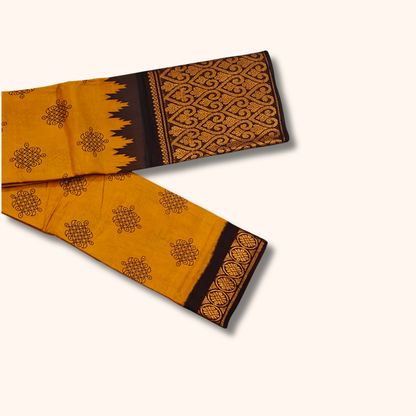 Mustard Yellow Sungudi Cotton Saree with Black and Gold Zari Traditional Border – No Blouse Included