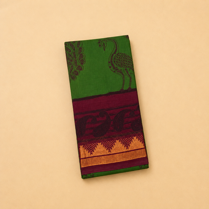 Leaf Green Sungudi Saree with Maroon Peacock Border