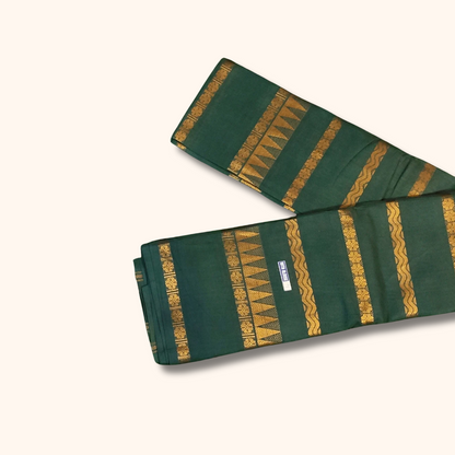Dark Green Pure Sungudi Cotton Saree with Gold Zari Stripes & Traditional Border