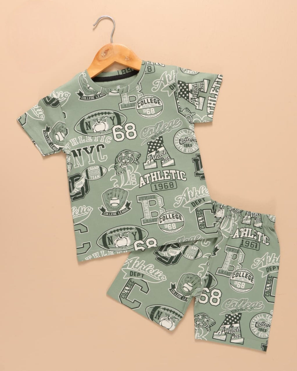 Kids Unisex Pure Cotton T-Shirt & Shorts Set – College Athletic Print (Sage Green)