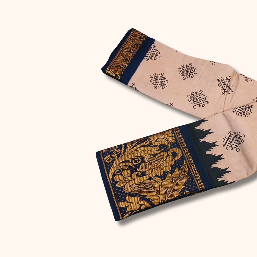 Cream & Black Floral Border Kolam Sungudi Cotton Saree