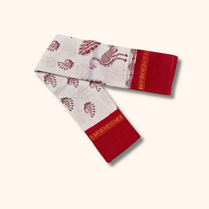 White & Red Peacock Print Sungudi Cotton Saree
