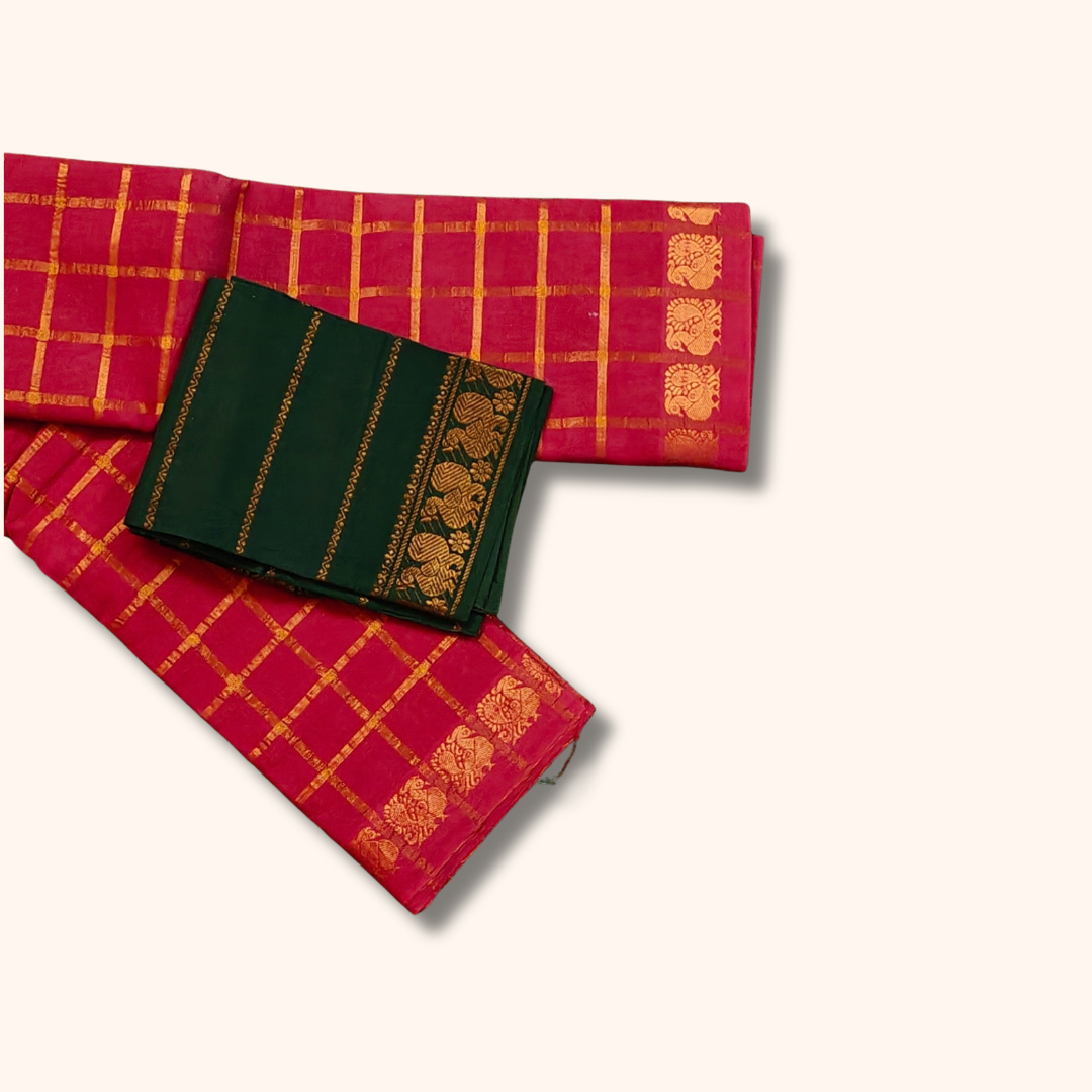 Maroon Checked Saree with Golden Zari Checks & Traditional Border – Separate Blouse Piece
