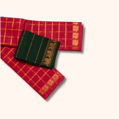 Maroon Checked Saree with Golden Zari Checks & Traditional Border – Separate Blouse Piece