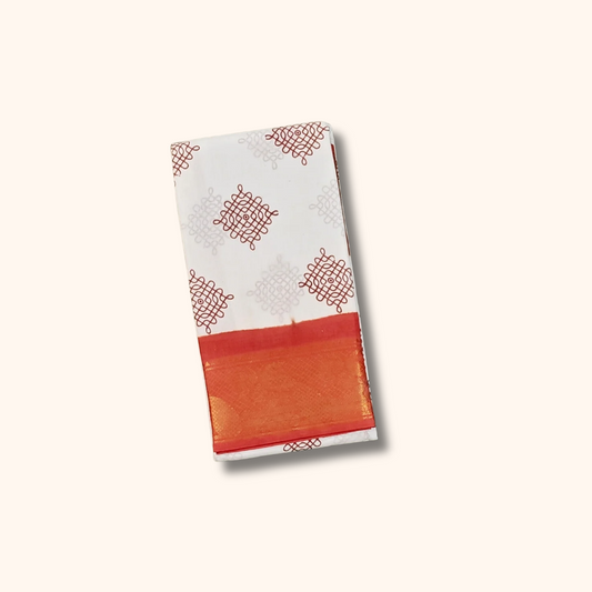 White Kolam Cotton Saree with Rust Orange Peacock Zari Border