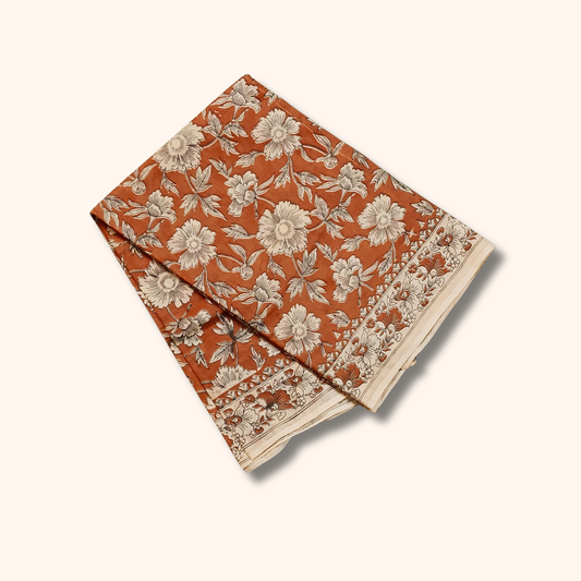 Rust Orange Kalamkari Cotton Saree with Floral Print