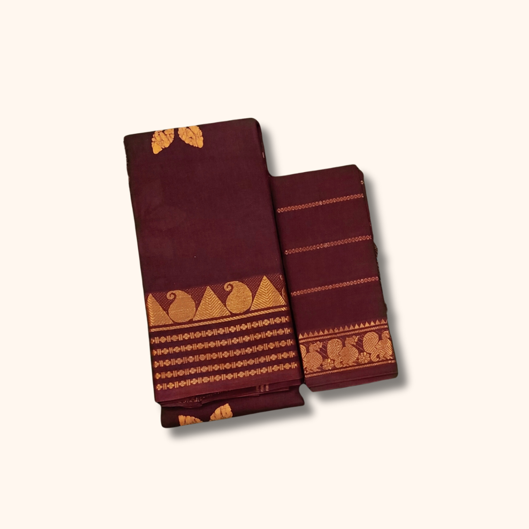 Maroon Sungudi Cotton Saree with Traditional Gold Zari Border & Matching Blouse Piece