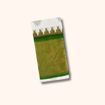 White & Green Floral Border Kolam Sungudi Cotton Saree