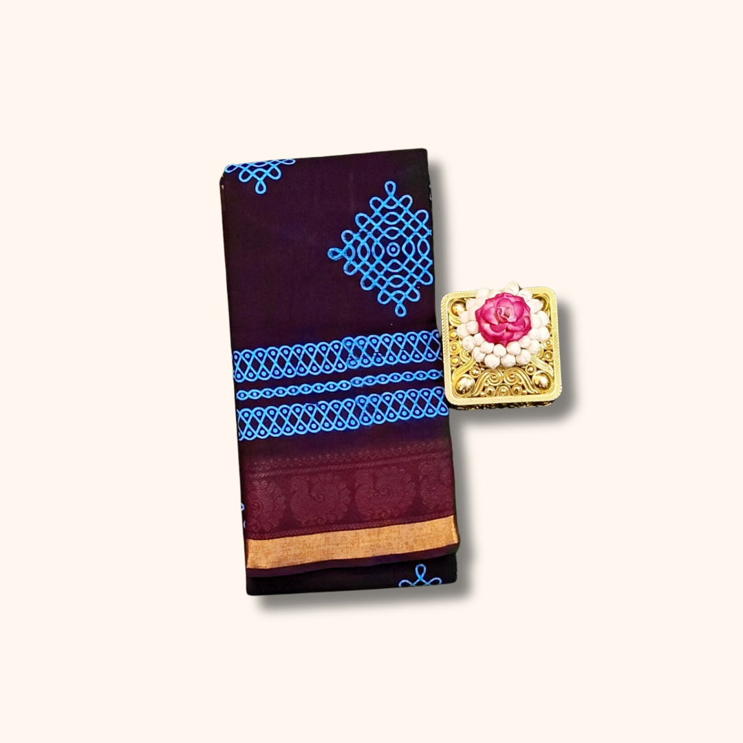 Beautiful Dark Maroon Sungudi Cotton Saree with Royal Blue Kolam Design & Zari Border