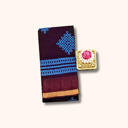 Beautiful Dark Maroon Sungudi Cotton Saree with Royal Blue Kolam Design & Zari Border