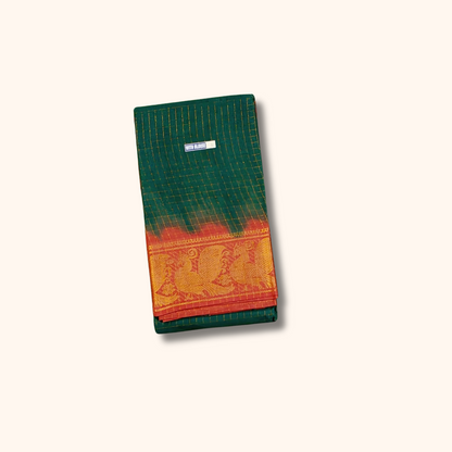 Bottle Green Sungudi Cotton Saree with Coral Red Zari Peacock Border