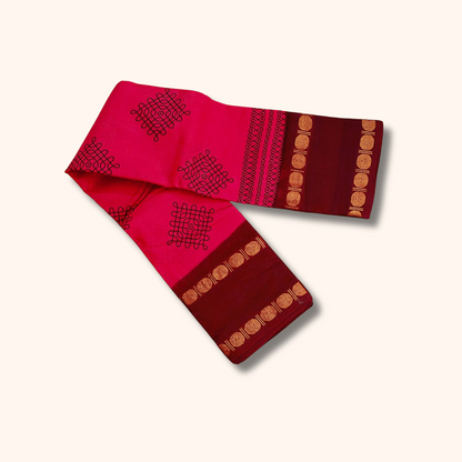 Rani Pink Kolam Cotton Saree with Maroon Zari Border – Running Blouse