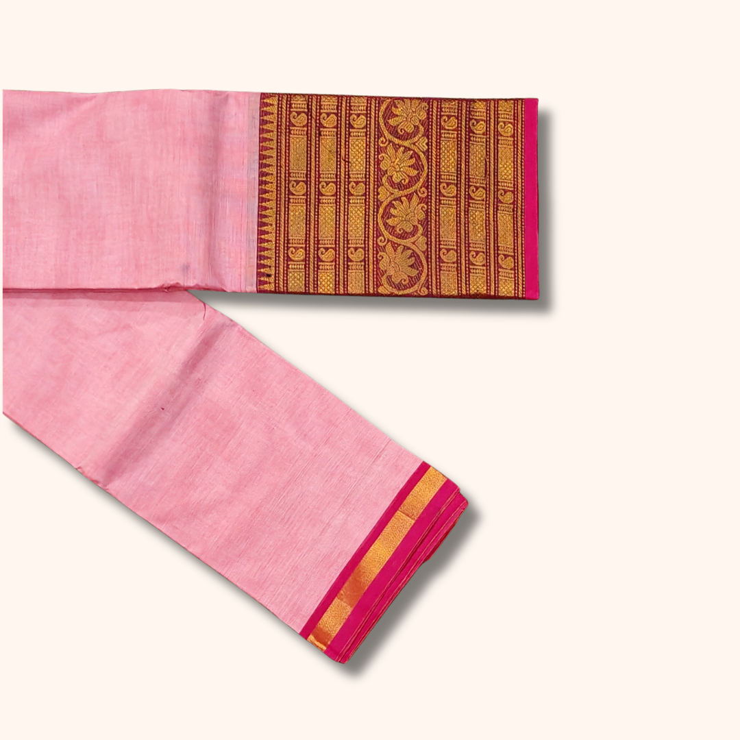 Baby Pink Chettinad Cotton Saree with Rich Traditional Border