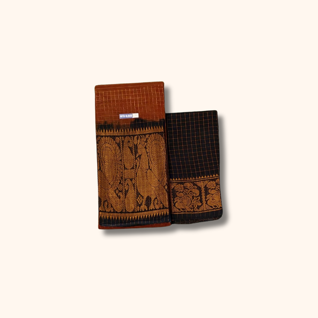 Rust Brown & Black Sungudi Cotton Saree with Peacock Pallu – Separate Blouse Piece