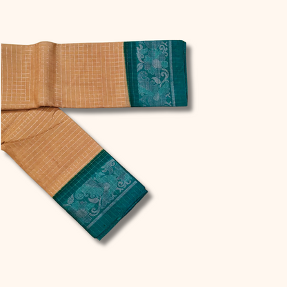 Beige Chettinad Cotton Saree with Teal Green Contrast Border
