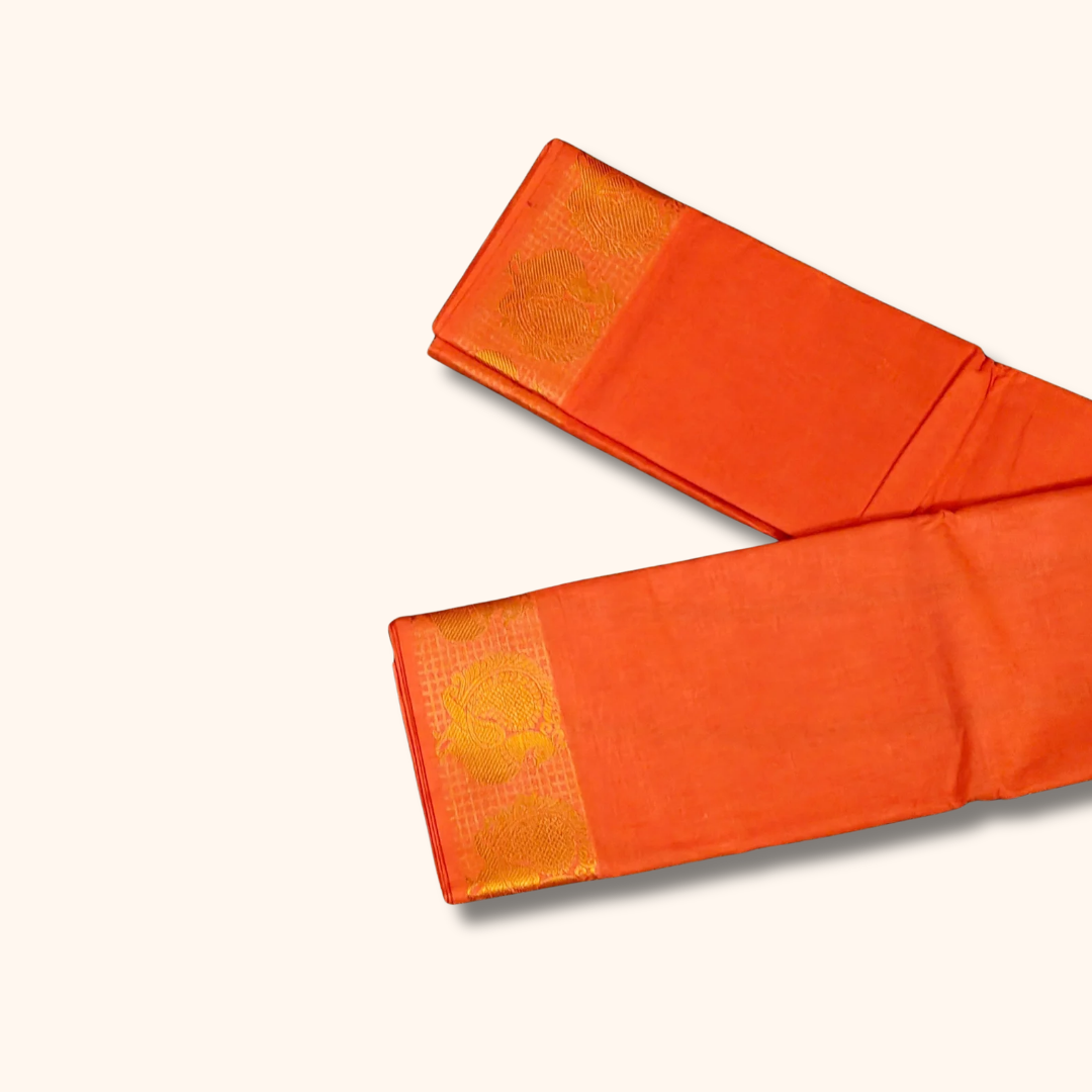 Orange Pure Cotton Saree with Traditional Paisley Border - Running Blouse
