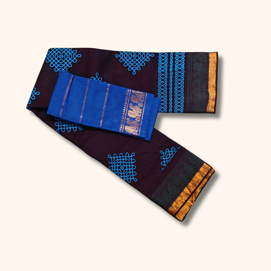 Navy Blue Sungudi Cotton Saree with Kolam Motifs